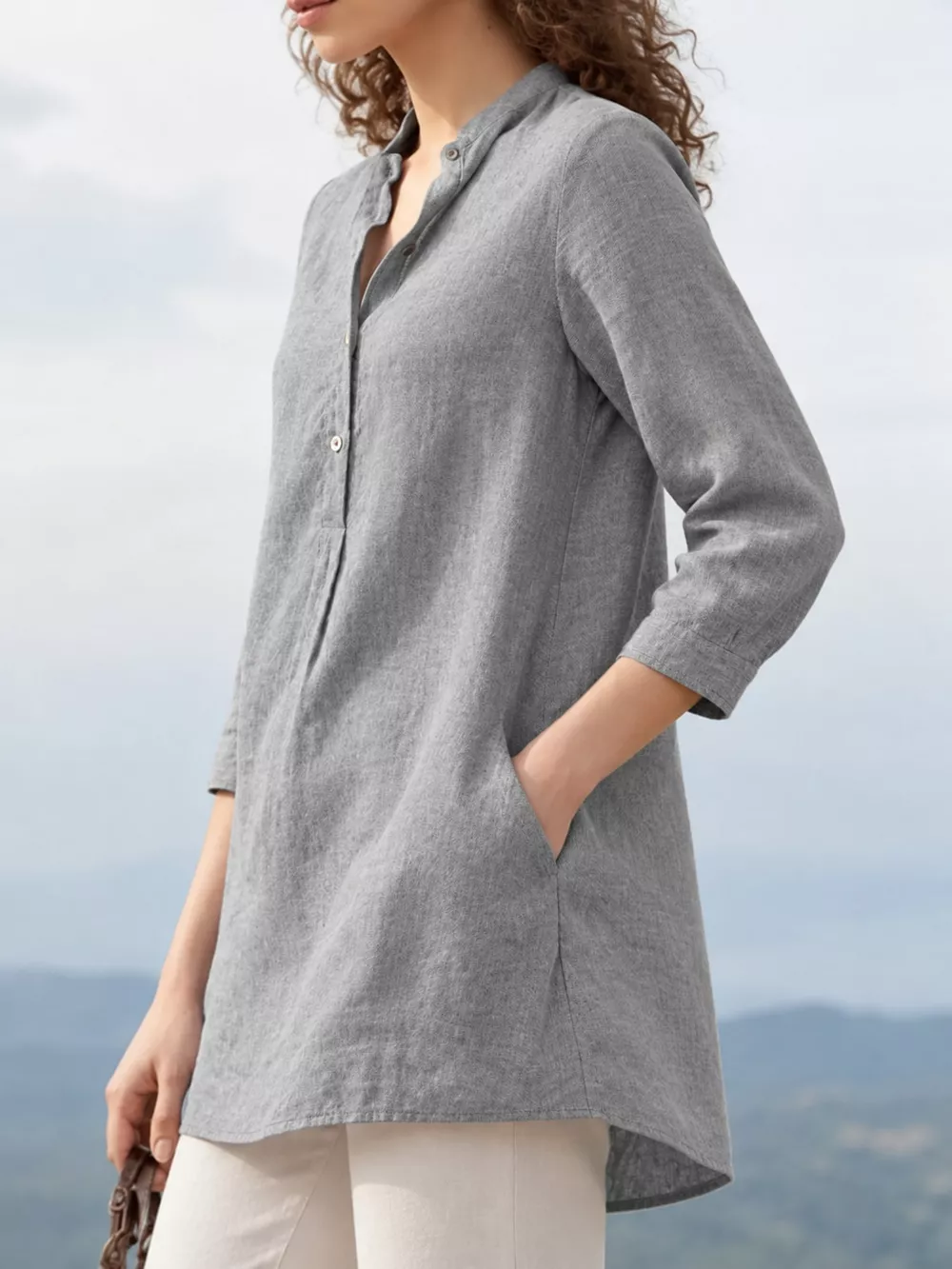 Full Size Button Detail 3/4 Sleeve Blouse Plus Size, image 6