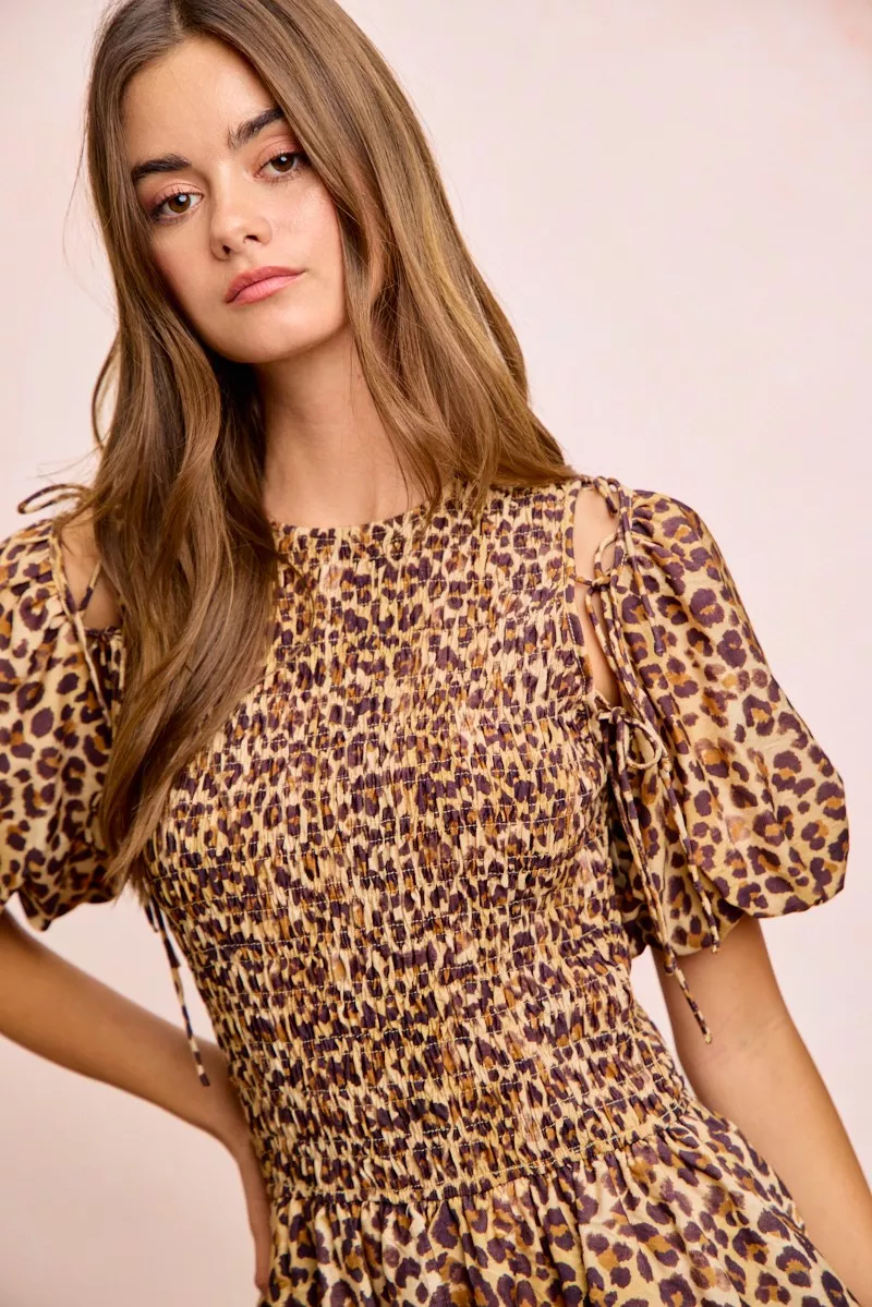 Leopard Bow Tie Attachable Puff Sleeves Dress, image 21
