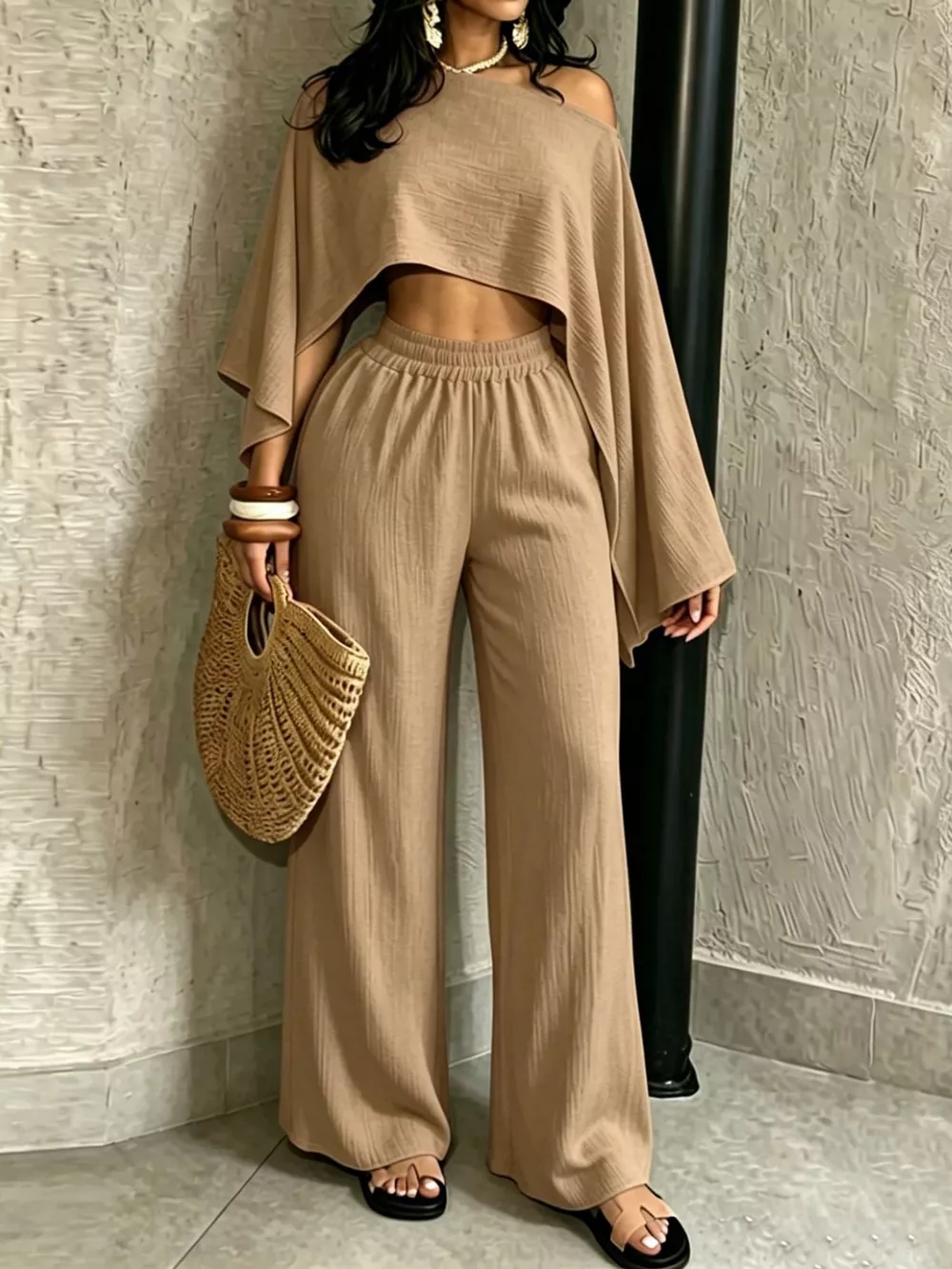 Boat Neck Crop Top and Wide-Leg Pants Set, image 38