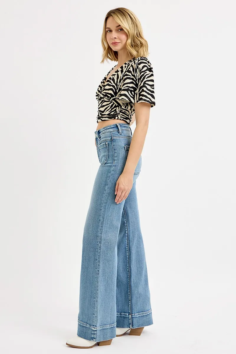 Full Size High Rise Wide Flare Patch Pocket Jeans Plus Size, image 7