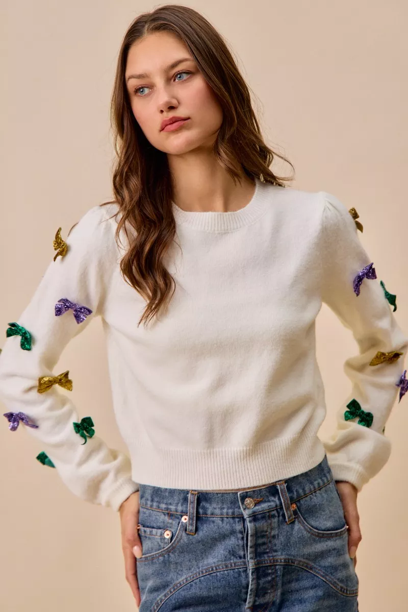 Mardi Gras Glitter Bow Ribbon Sweater Knit Top, image 27