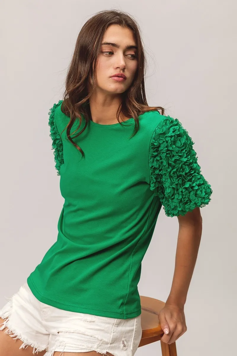 Short Mesh Flower Sleeve Knit Top