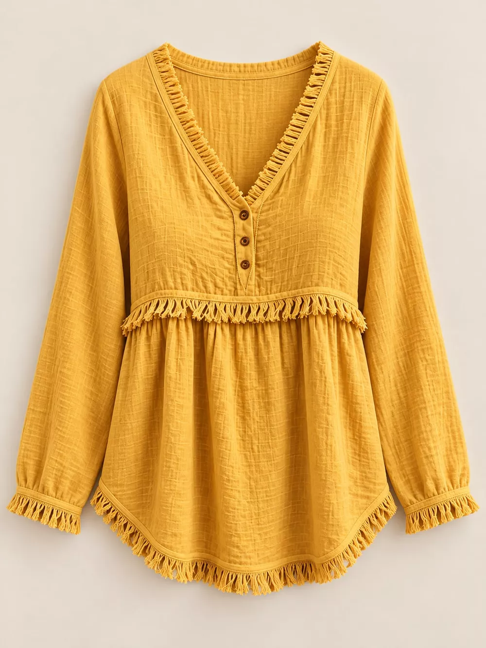 Full Size Fringed Trim V-Neck Long Sleeve Blouse Plus Size, image 16