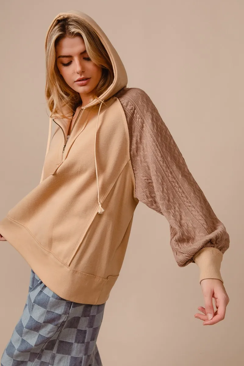 Half Zip French Terry Hoodie with Kint Sleeves, image 6