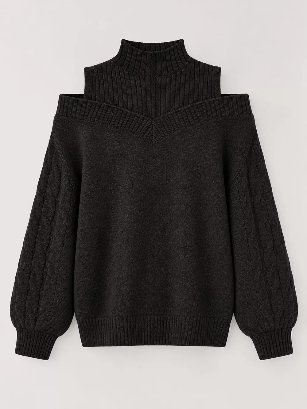 Full Size Cold Shoulder Mock Neck Cable Knit Sweater Plus Size, image 17