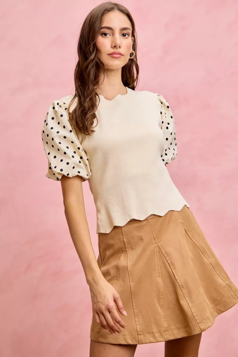 Polka Dot Contrast Woven Ballon Sleeve Blouse, image 11