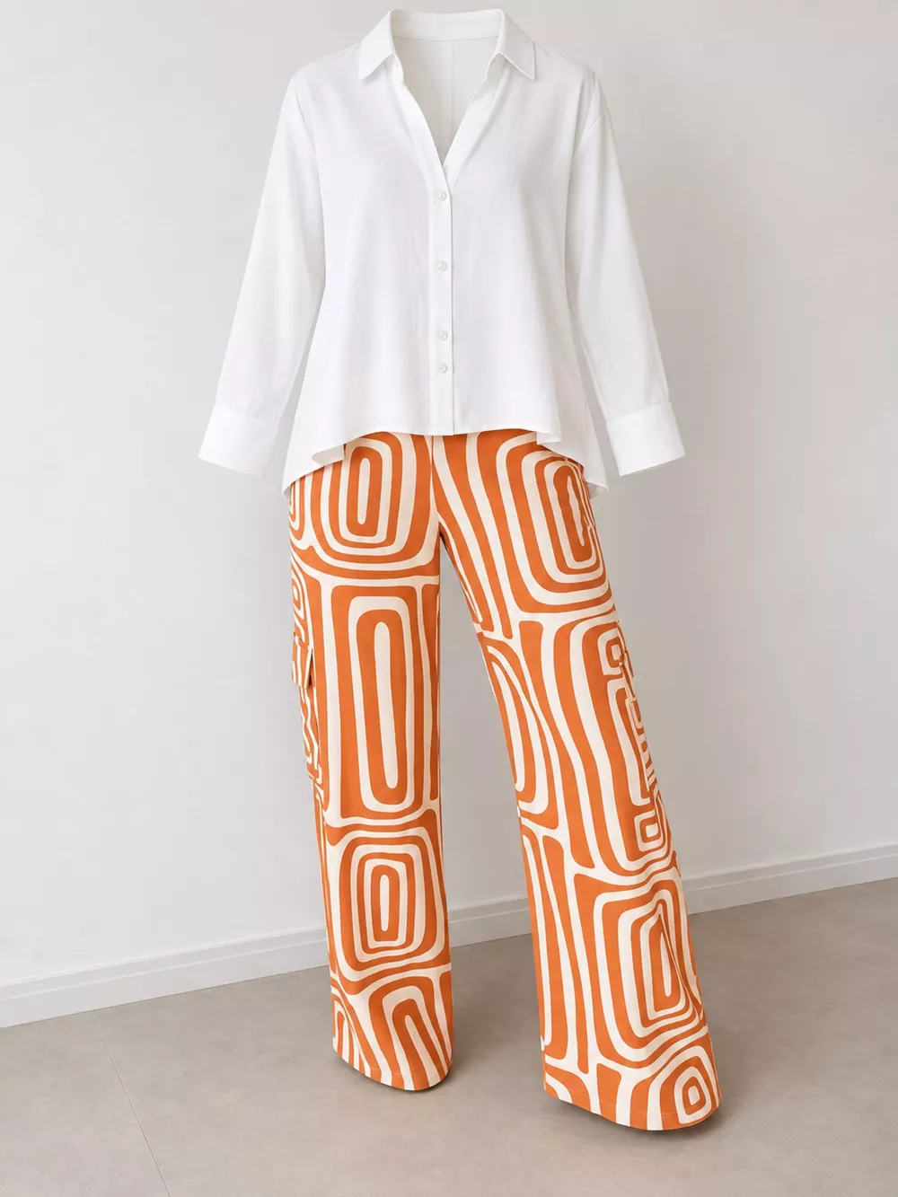 Full Size Chic Button-Down Shirt and Geometric Wide-Leg Pants Set Plus Size, image 9