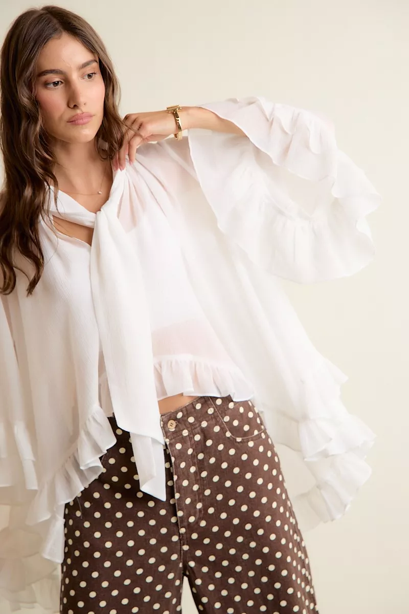 Sheer Ruffle Bell Sleeves Bow Tie Flowy Blouse Top, image 7