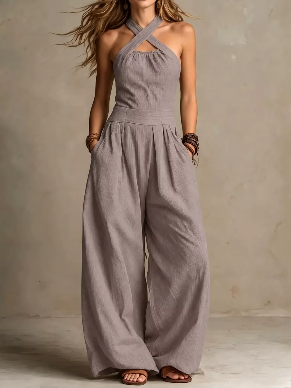 Full Size Halter Neck Wide-Leg Jumpsuit Plus Size, image 48