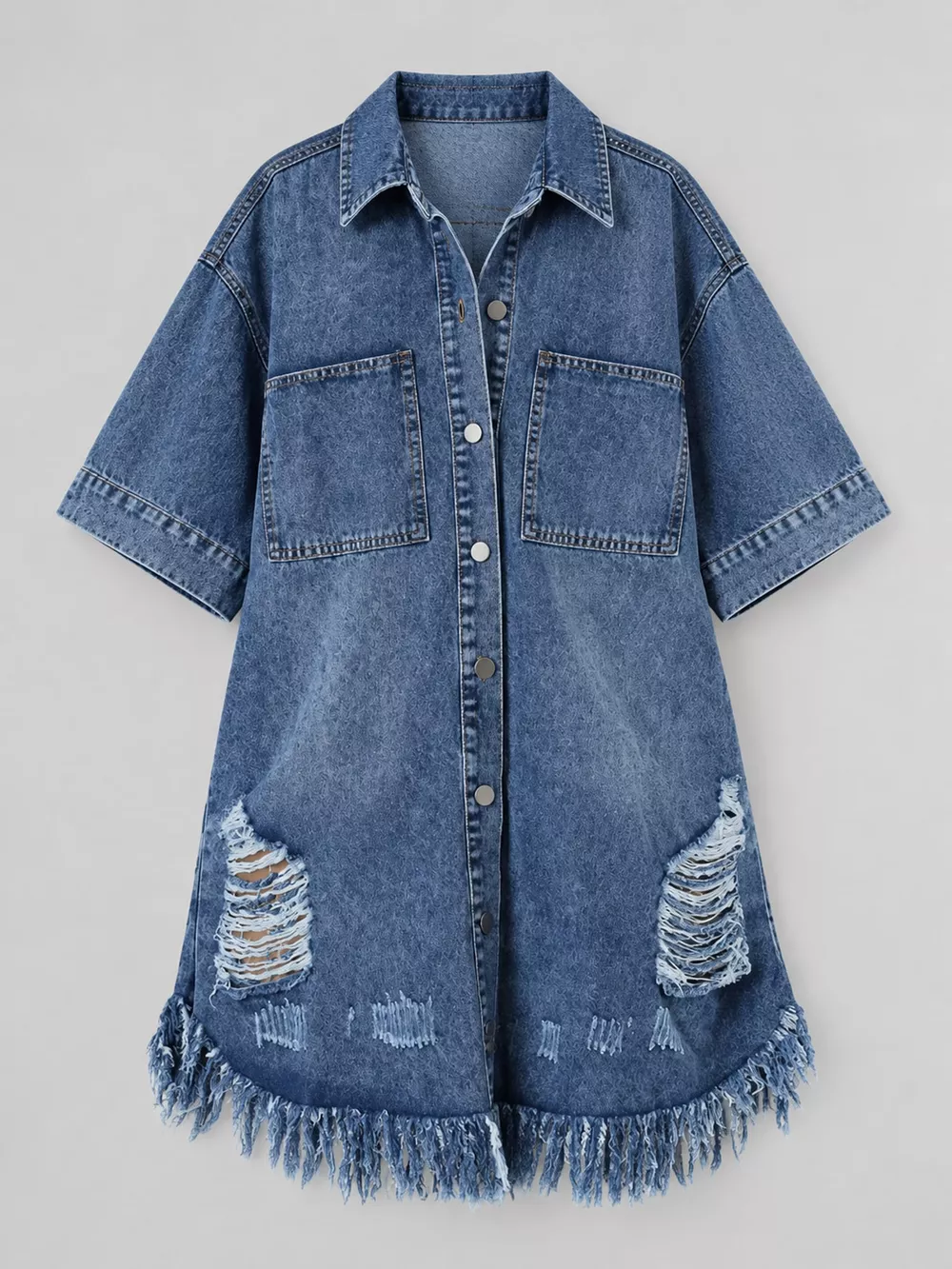Plus Size Distressed Frayed Hem Button-Down Denim Dress, image 8
