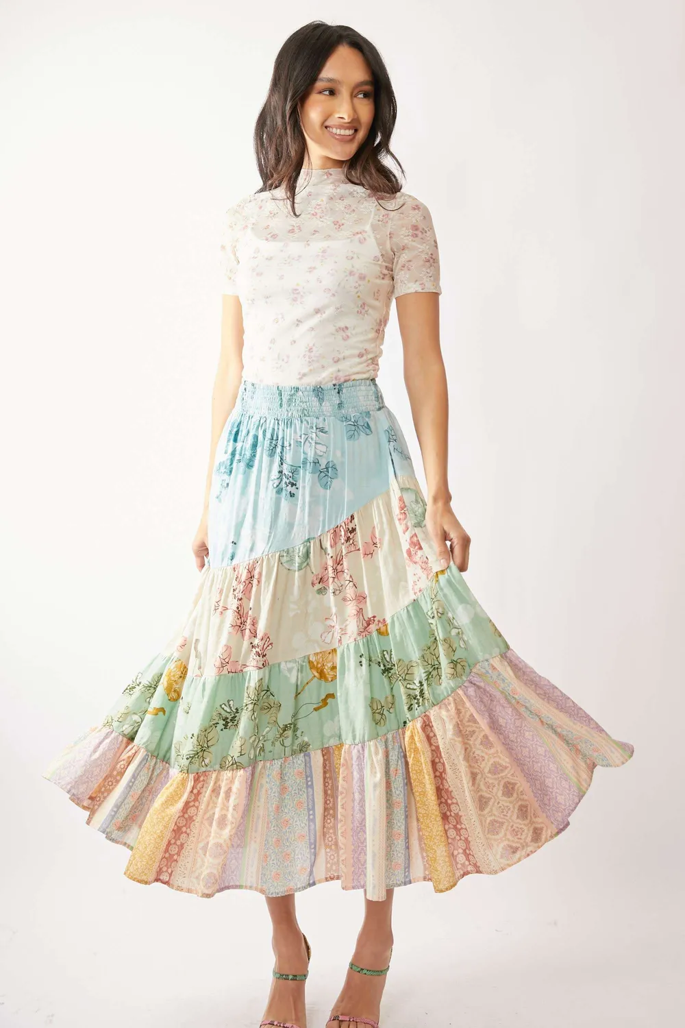 Floral Mesh Mock Neck Short Sleeve Top, image 5