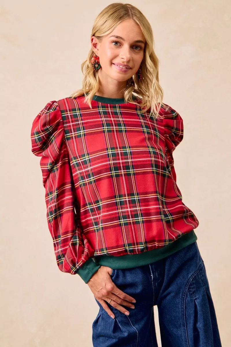 Christmas Plaid Exaggerated Shoulder Sleeves Top, image 11