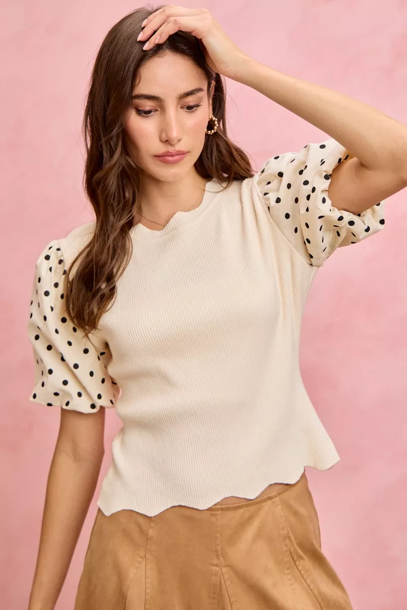 Polka Dot Contrast Woven Ballon Sleeve Blouse, image 12