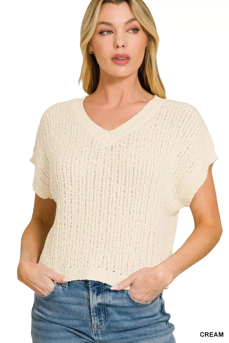 Textured Knit V-Neck Cropped Sweater, image 2