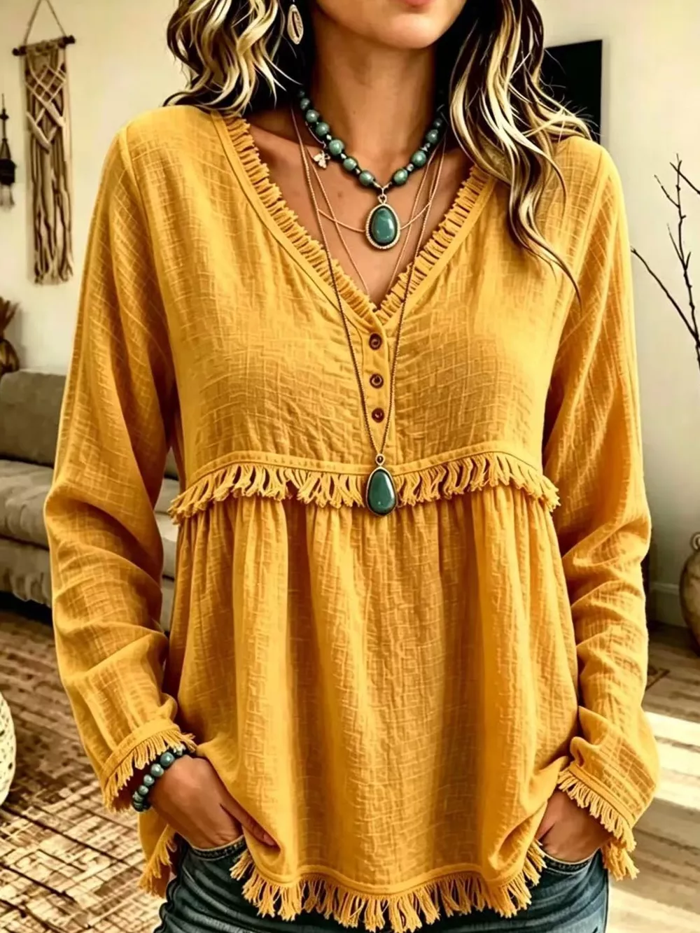 Full Size Fringed Trim V-Neck Long Sleeve Blouse Plus Size, image 12