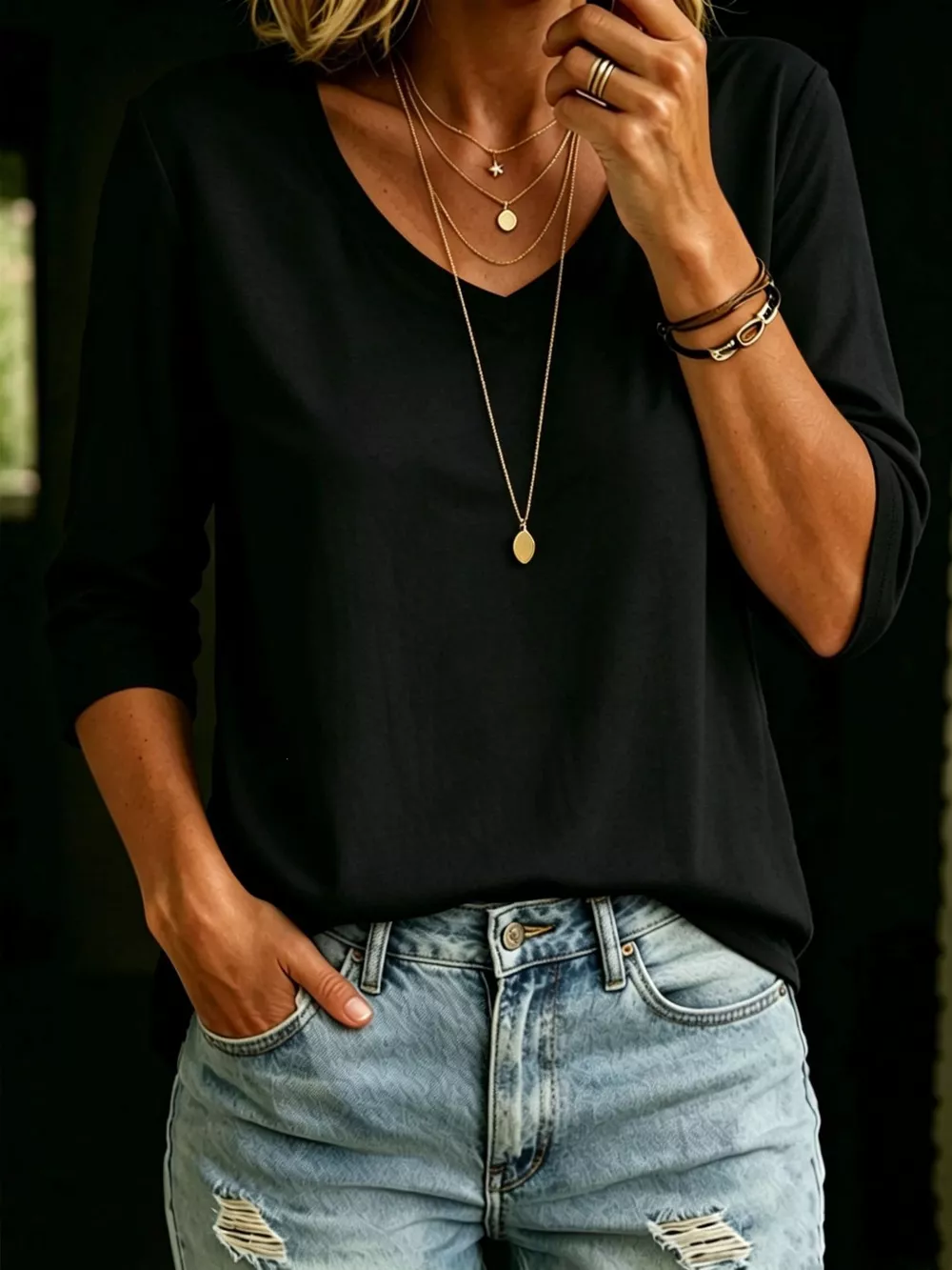 Full Size V-Neck 3/4 Sleeve T-Shirt Plus Size, image 3