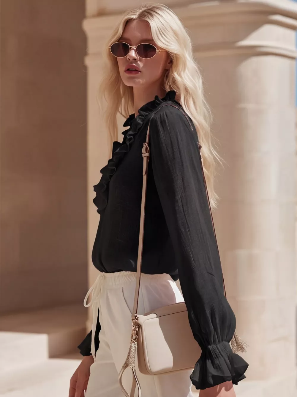 Ruffled V-Neck Long Sleeve Blouse, image 8