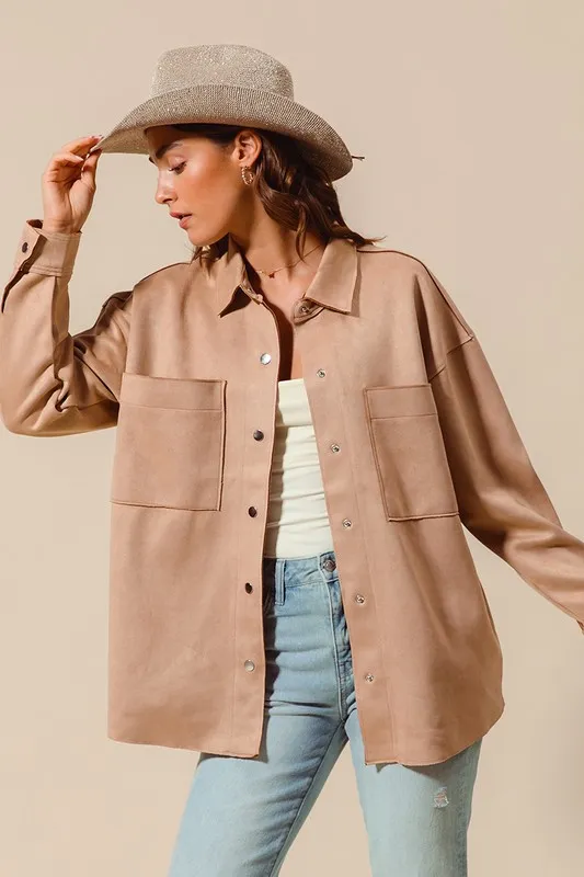 Faux Sued Snap Shacket with Collar and Pockets, image 5