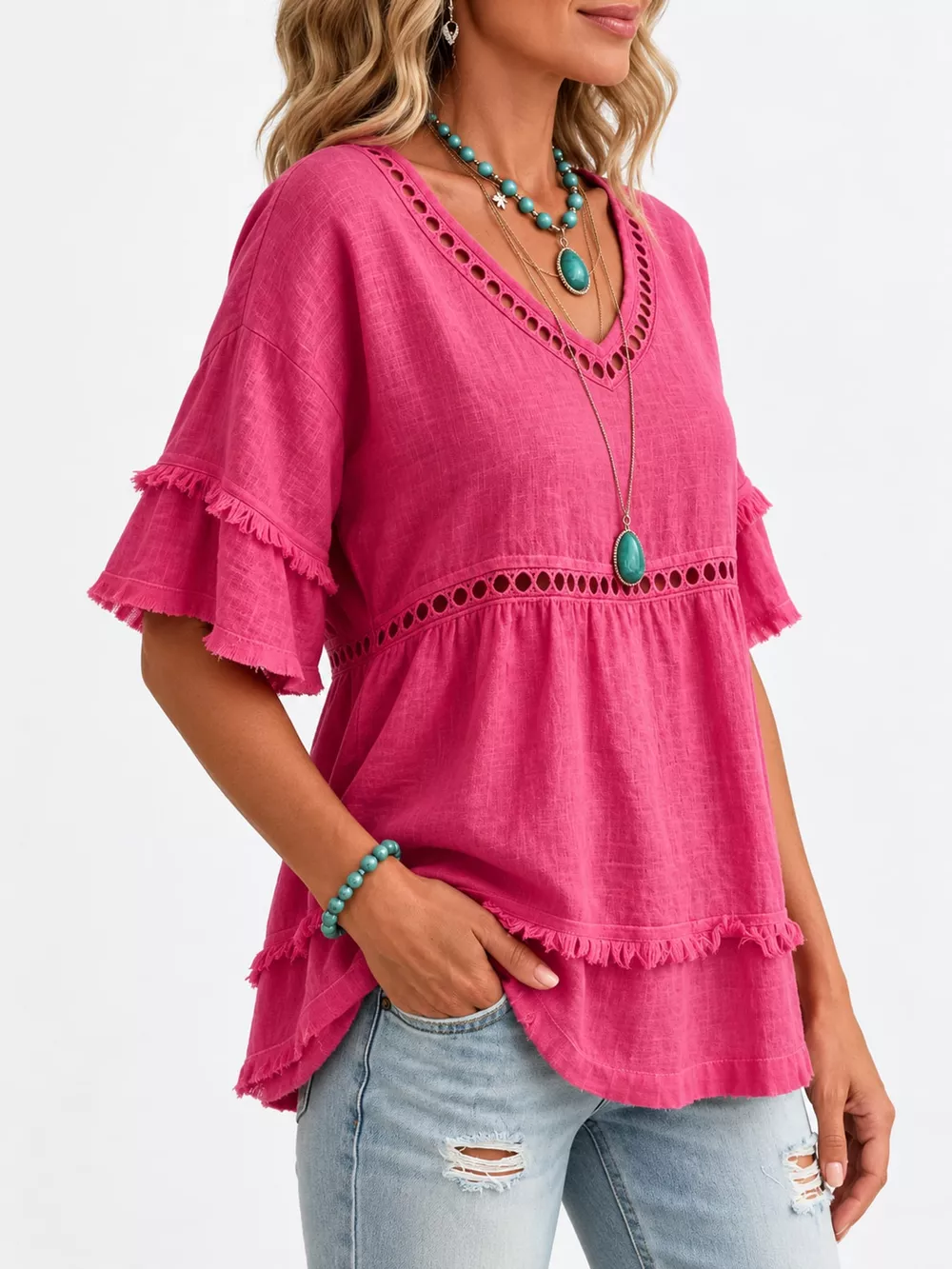 Full Size Frayed Hem V-Neck Blouse Plus Size, image 12