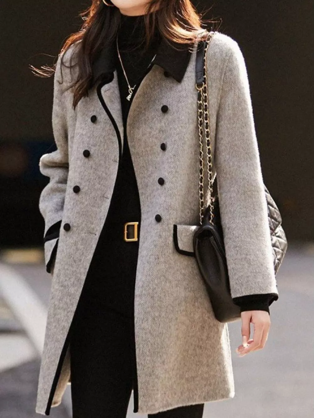 Plus Size Double-Breasted Coat with Contrast Trim
