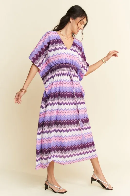 Multi Color Wavy Tie Waist Flowy Sleeve Dress, image 3