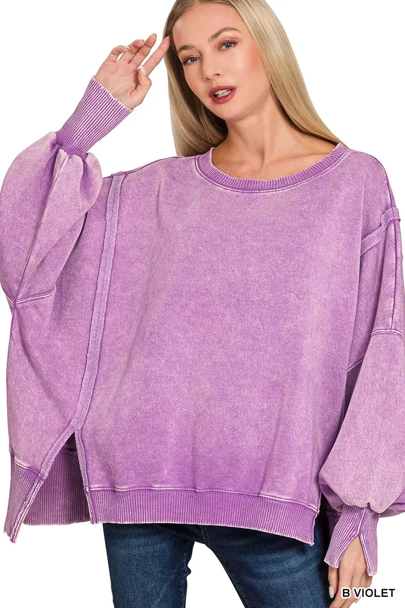Acid Washed Batwing Sleeve Fleece Sweatshirt, image 5