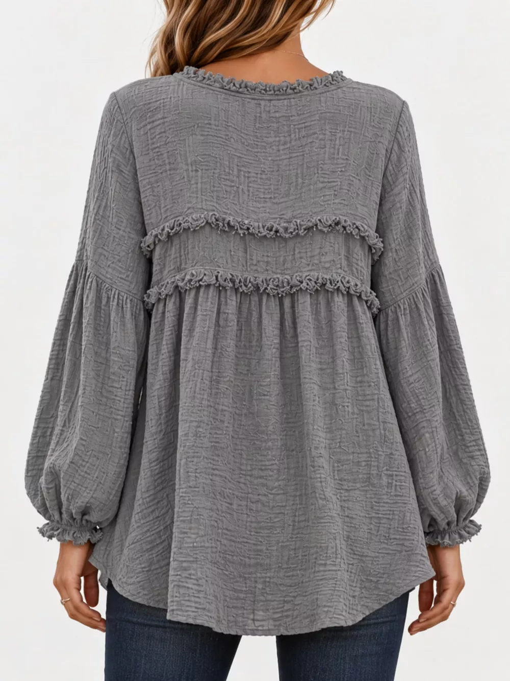 Full Size Boho Chic Textured Frayed Trim Peplum Blouse Plus Size, image 3