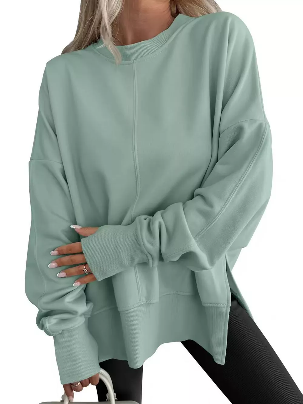 Oversized Crew Neck Sweatshirt with Side Slit, image 52