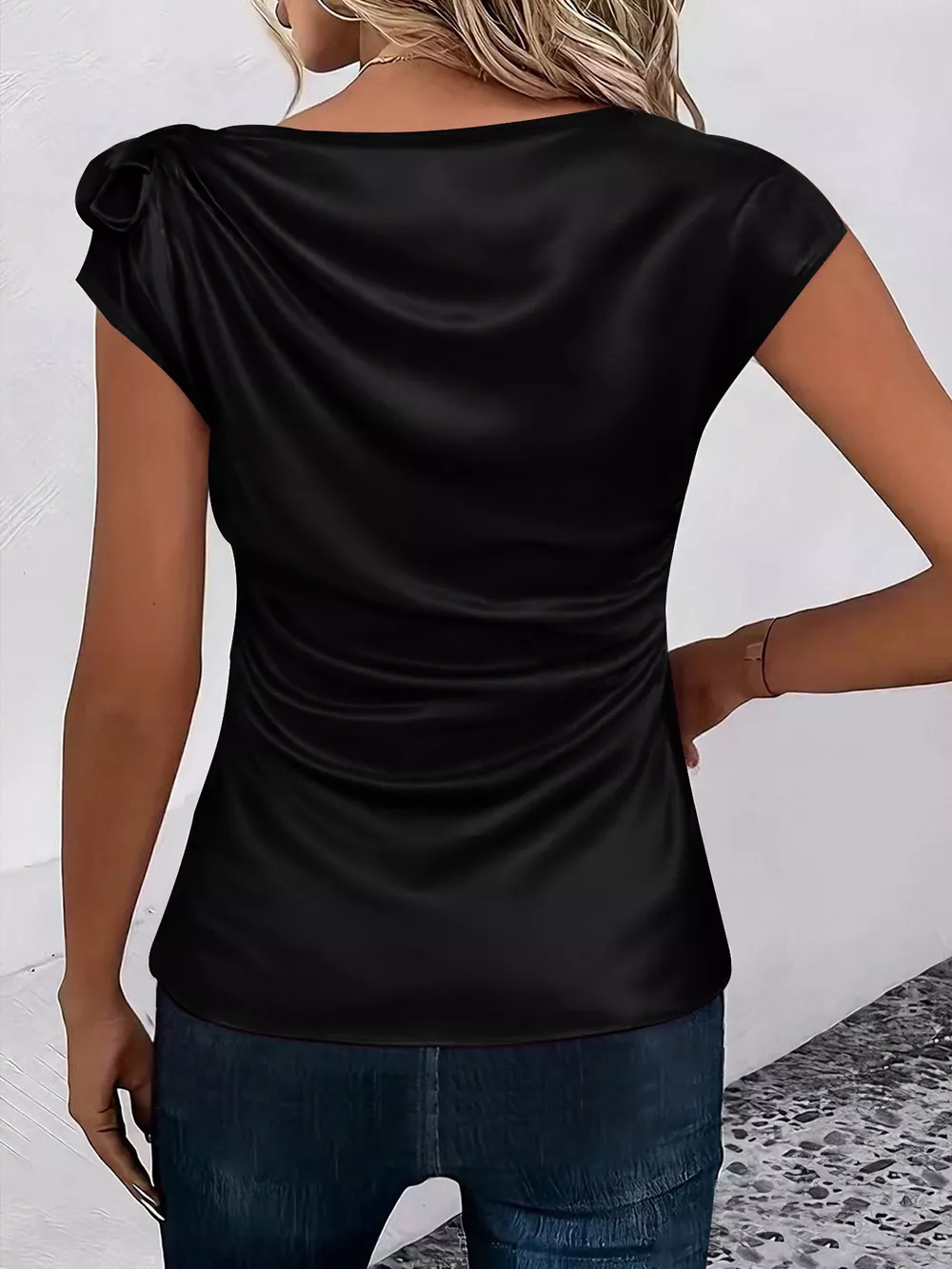 Ruched Short Sleeve Satin Top, image 3