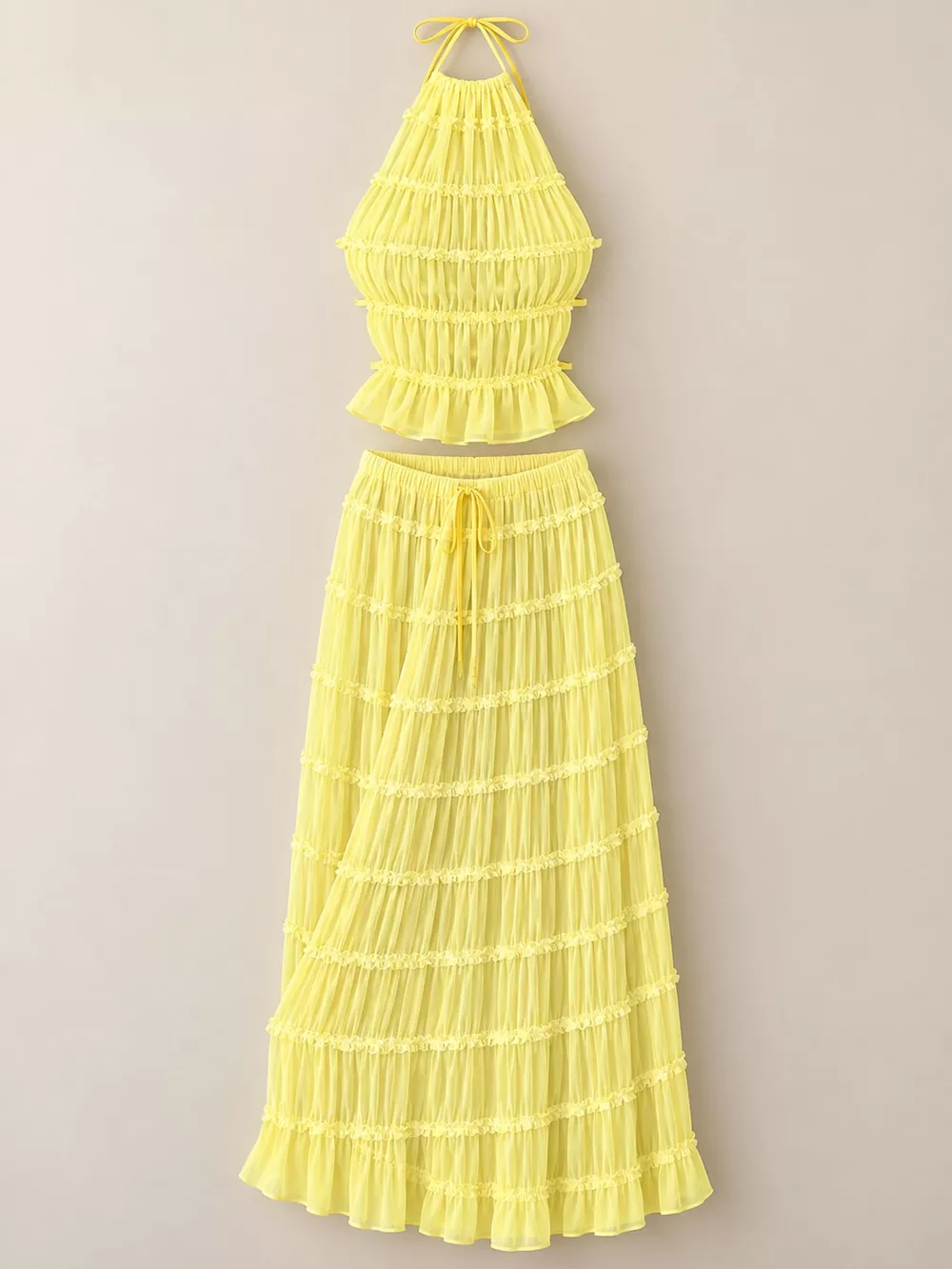 Boho Chic Ruffled Halter Crop Top and Maxi Skirt Set, image 32