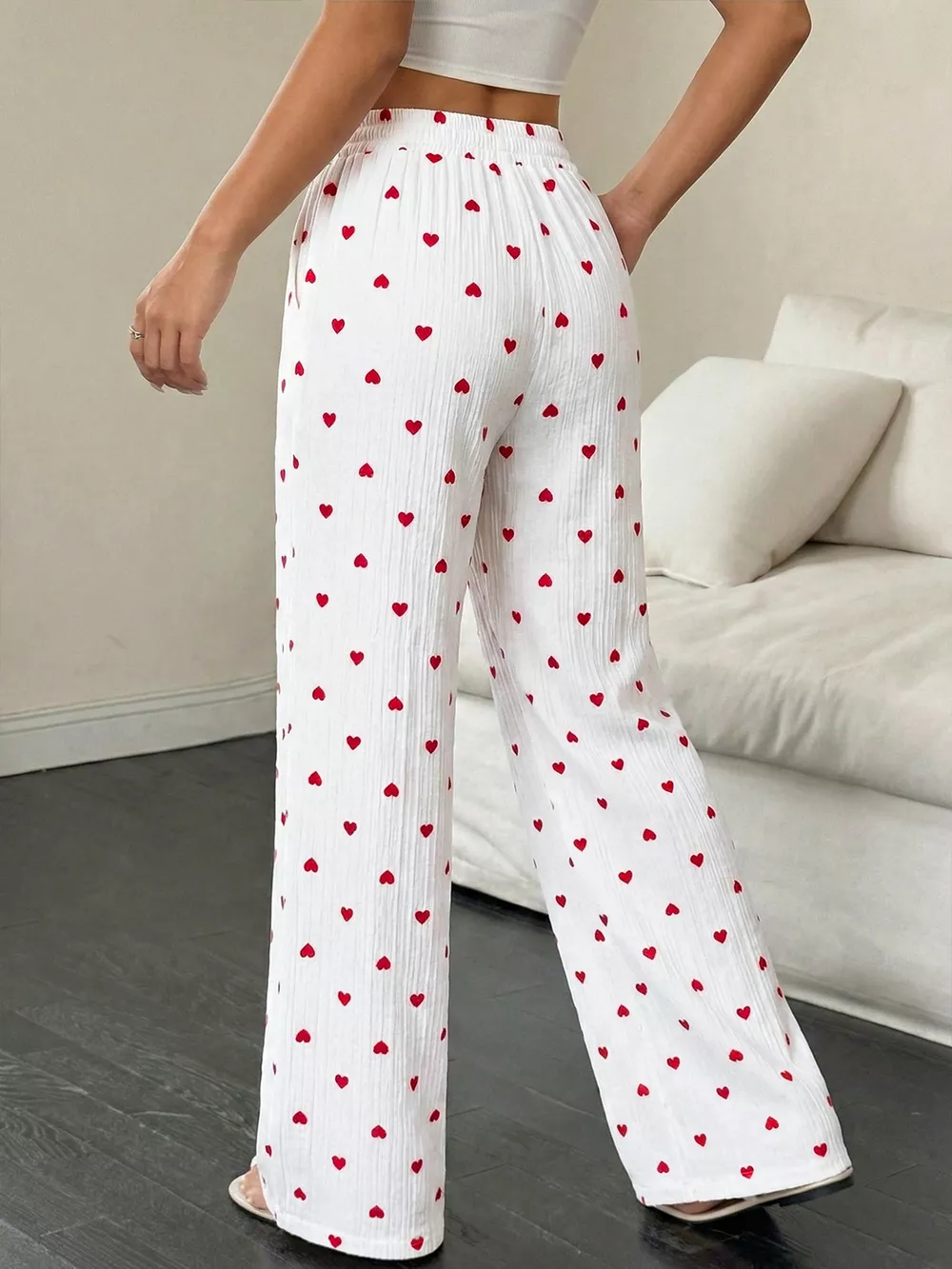 Heart Print Drawstring Waist Wide Leg Pants, image 8
