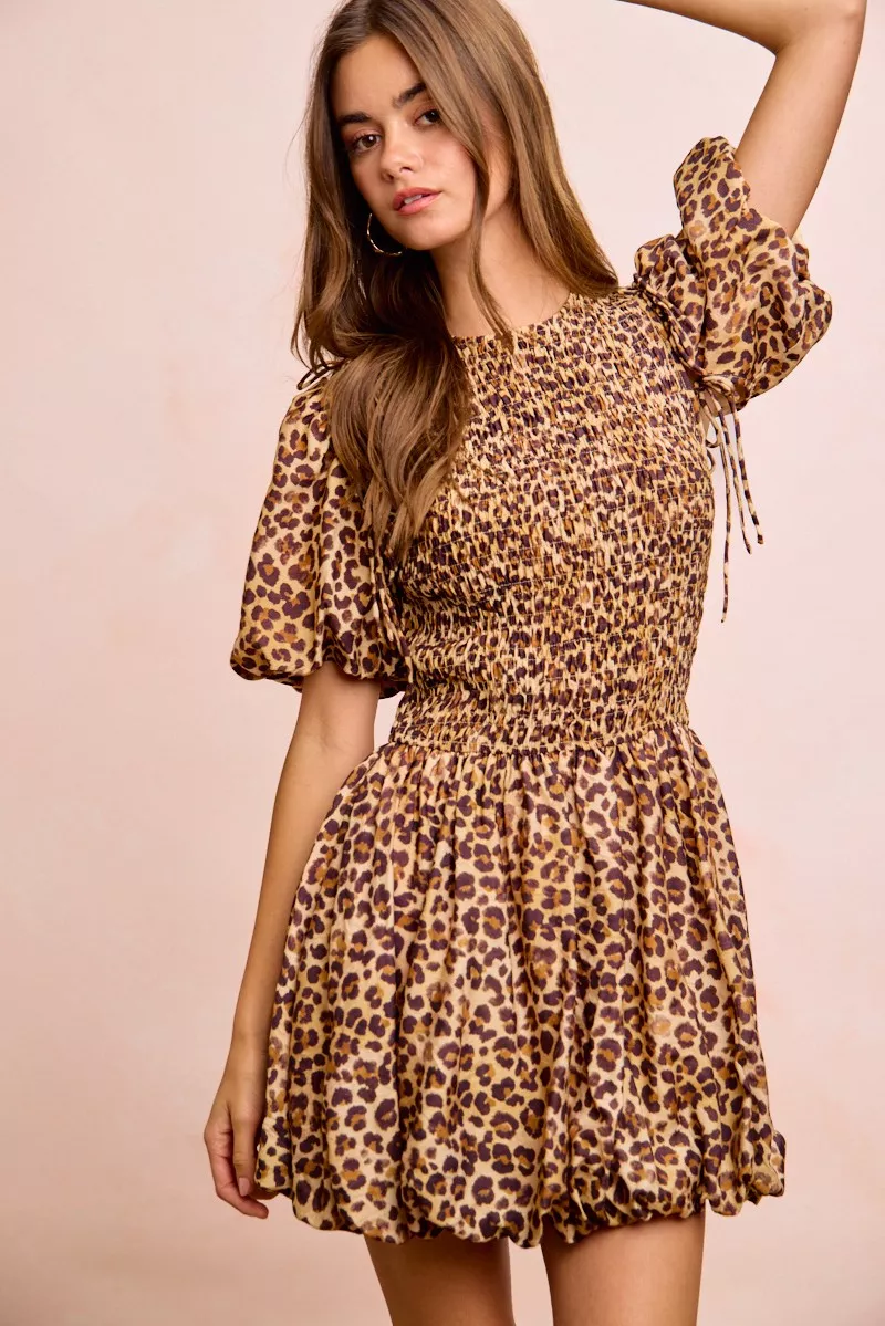 Leopard Bow Tie Attachable Puff Sleeves Dress, image 22