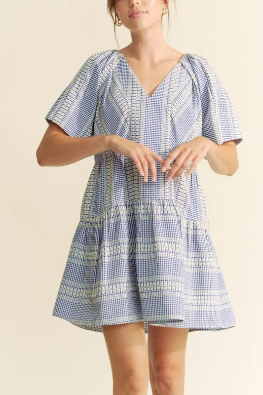 Embroidered Stripe Ruffled Gingham Mini Dress, image 8