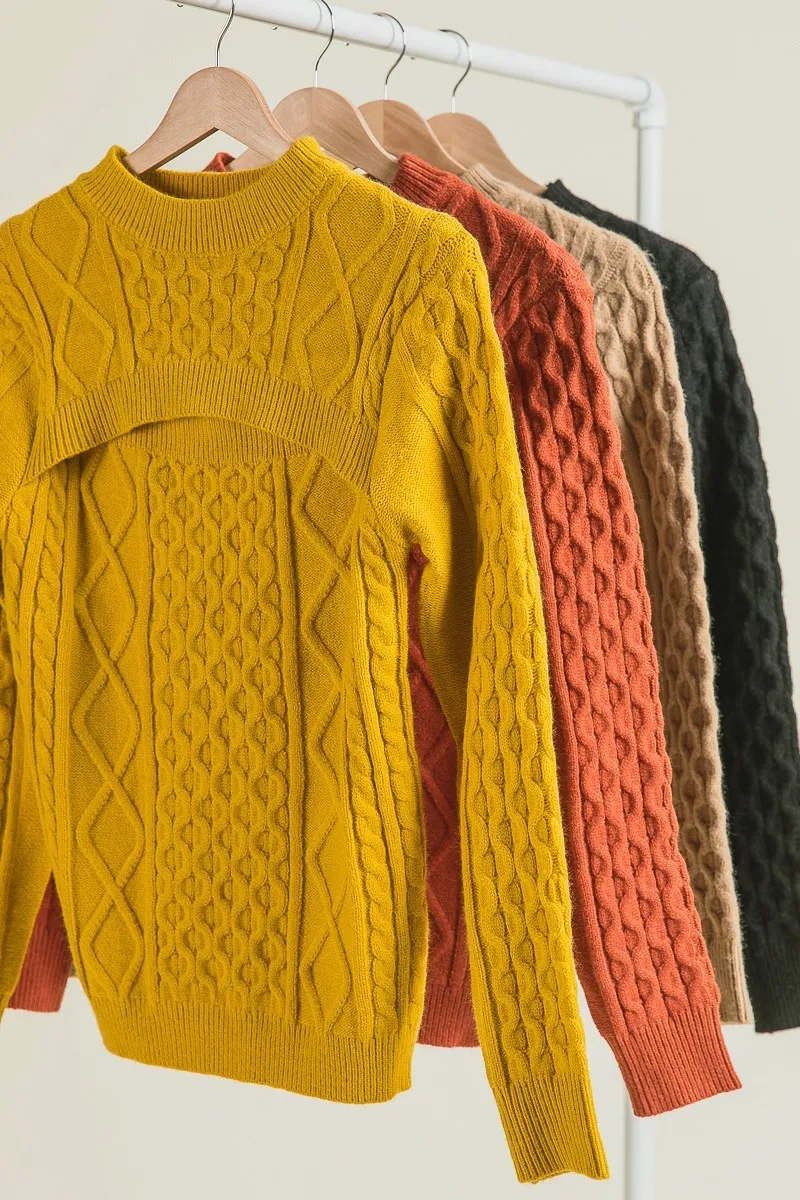 Cable-Knit Sweater with Cut Out Chest Detail, image 3