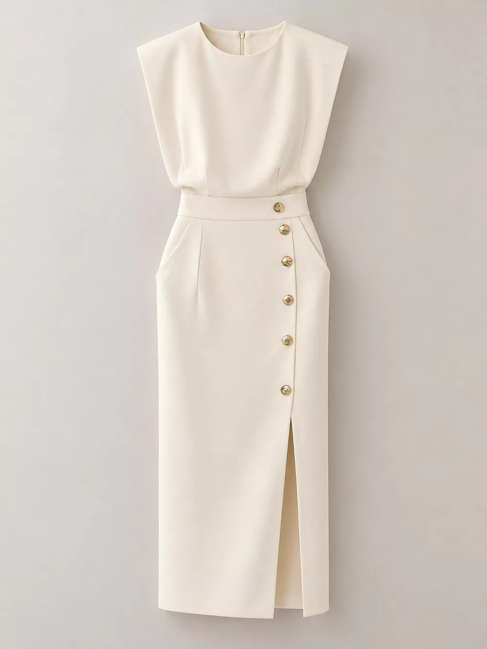 Sleeveless Midi Dress with Gold Button Detail and Side Slit, image 24