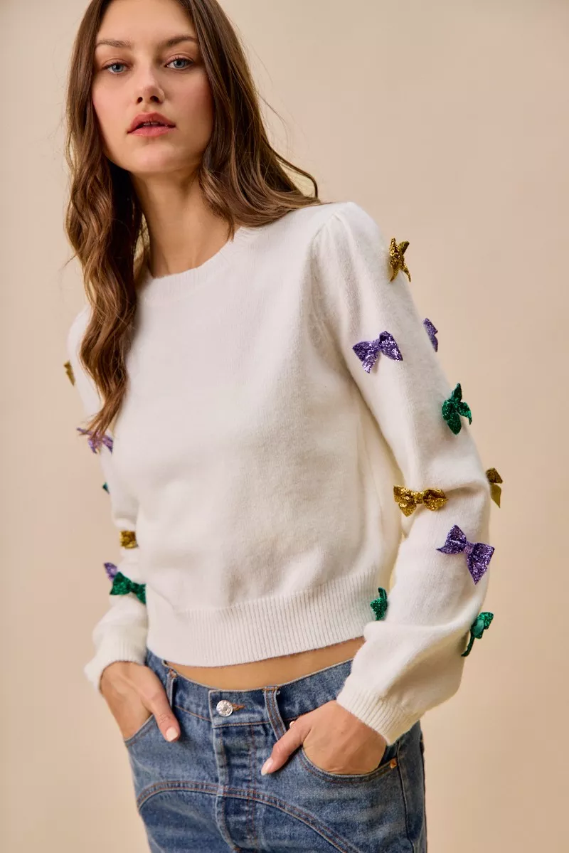 Mardi Gras Glitter Bow Ribbon Sweater Knit Top, image 31