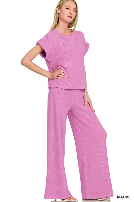 Rolled Sleeve Top and Pants Sweater Set