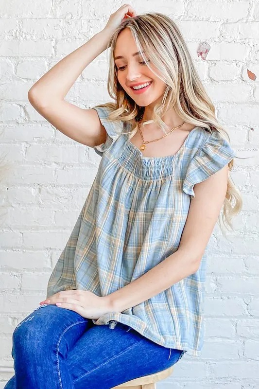 Plaid Print Smocked Detail Ruffle Baby Doll Top, image 6