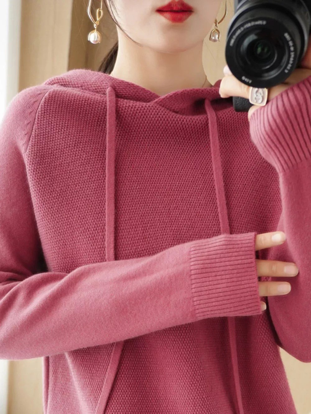 Drawstring Long Sleeve Hooded Knit Sweater, image 40