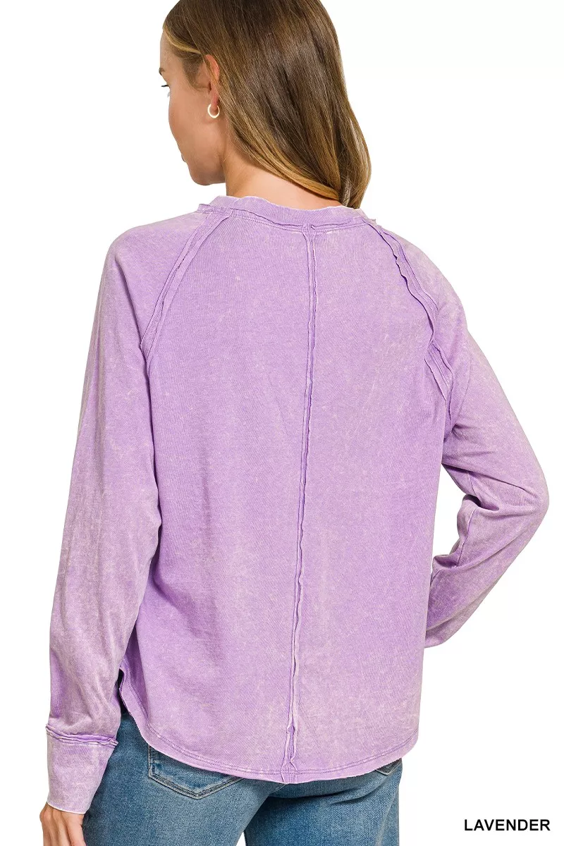 Zenana Washed Round Neck Long Sleeve Top, image 3