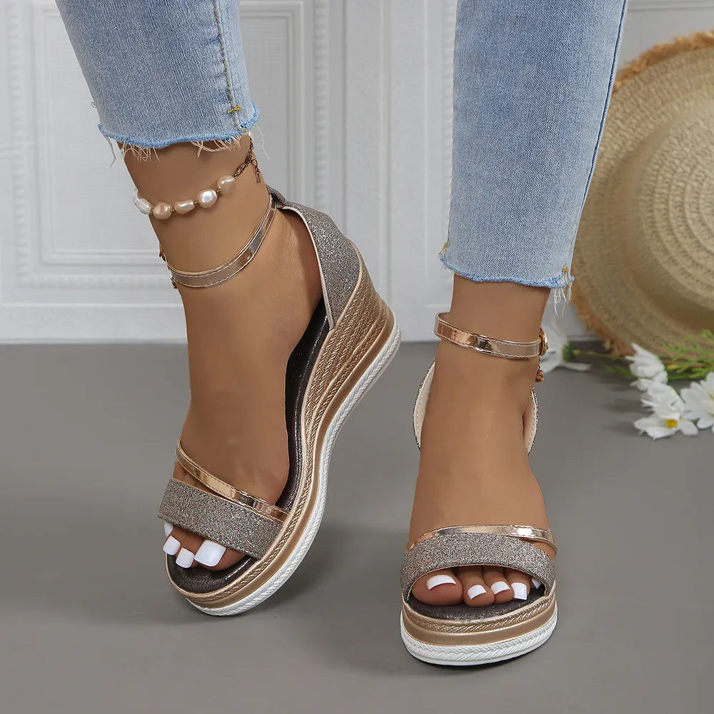Glitter Platform Wedge Sandals with Ankle Strap, image 4
