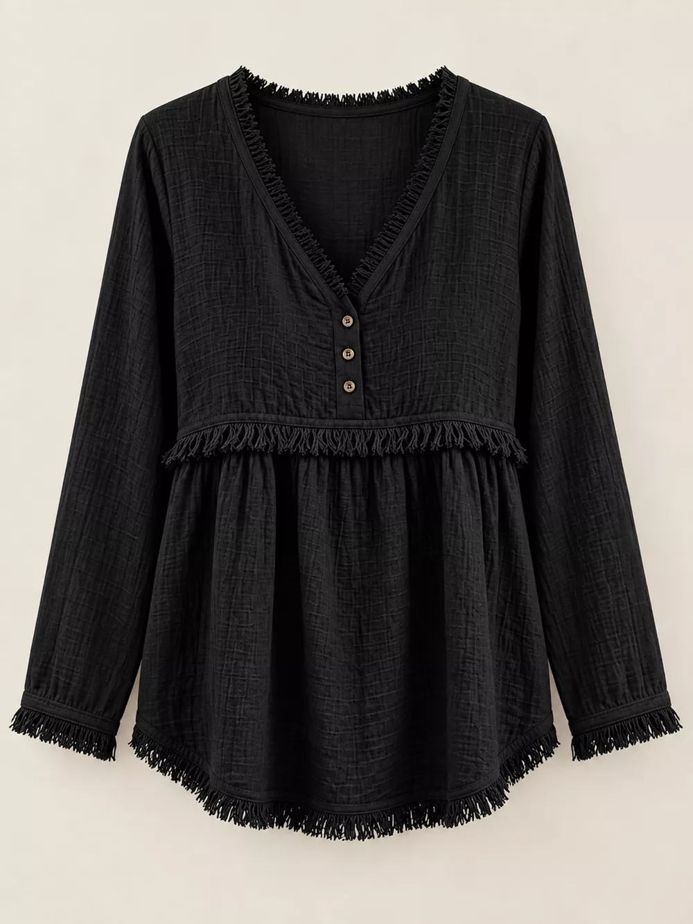 Full Size Fringed Trim V-Neck Long Sleeve Blouse Plus Size, image 25