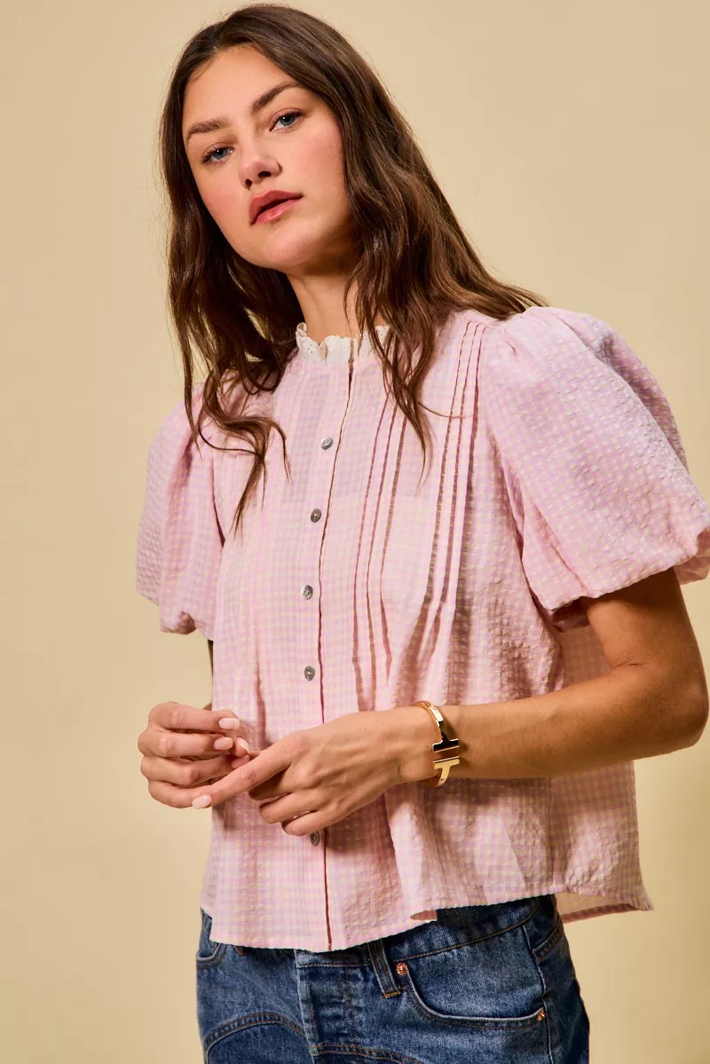Gingham Lace Trim Button Bubble Sleeves Blouse, image 5