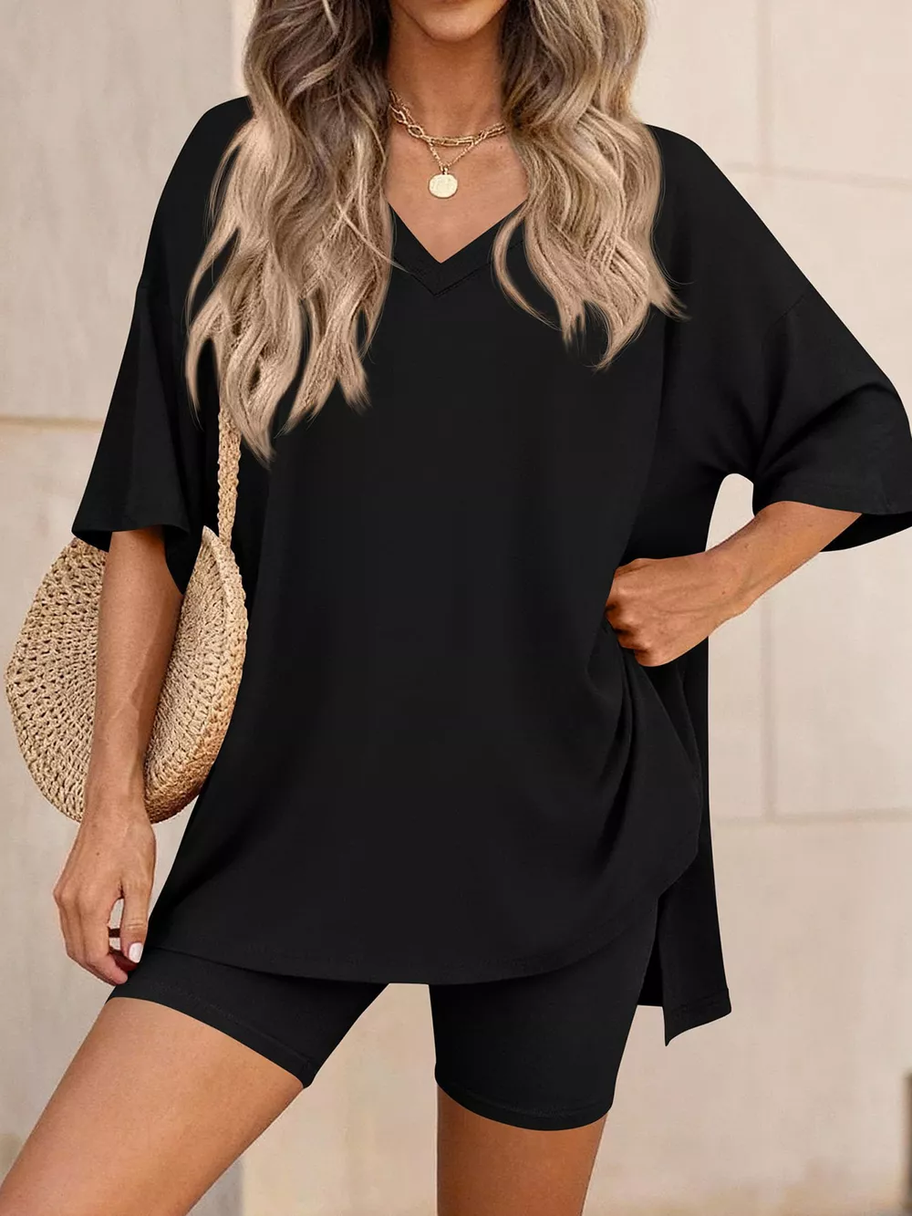Full Size Casual Loose V-Neck T-Shirt & Shorts Set Plus Size
