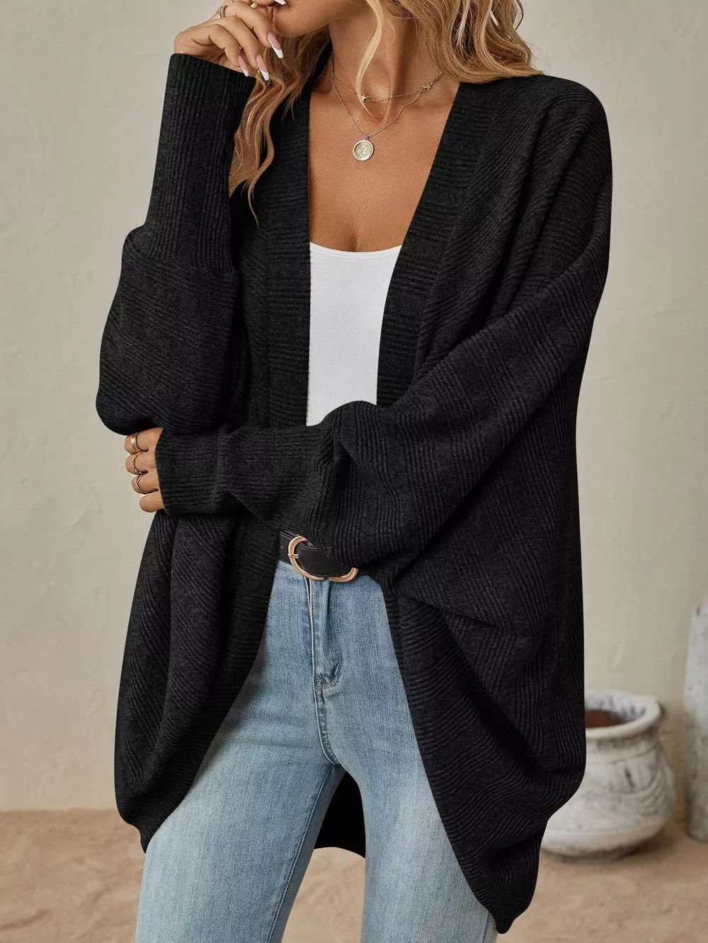 Casual Open Front Batwing Sleeve Ribbed Knit Cardigan, image 7