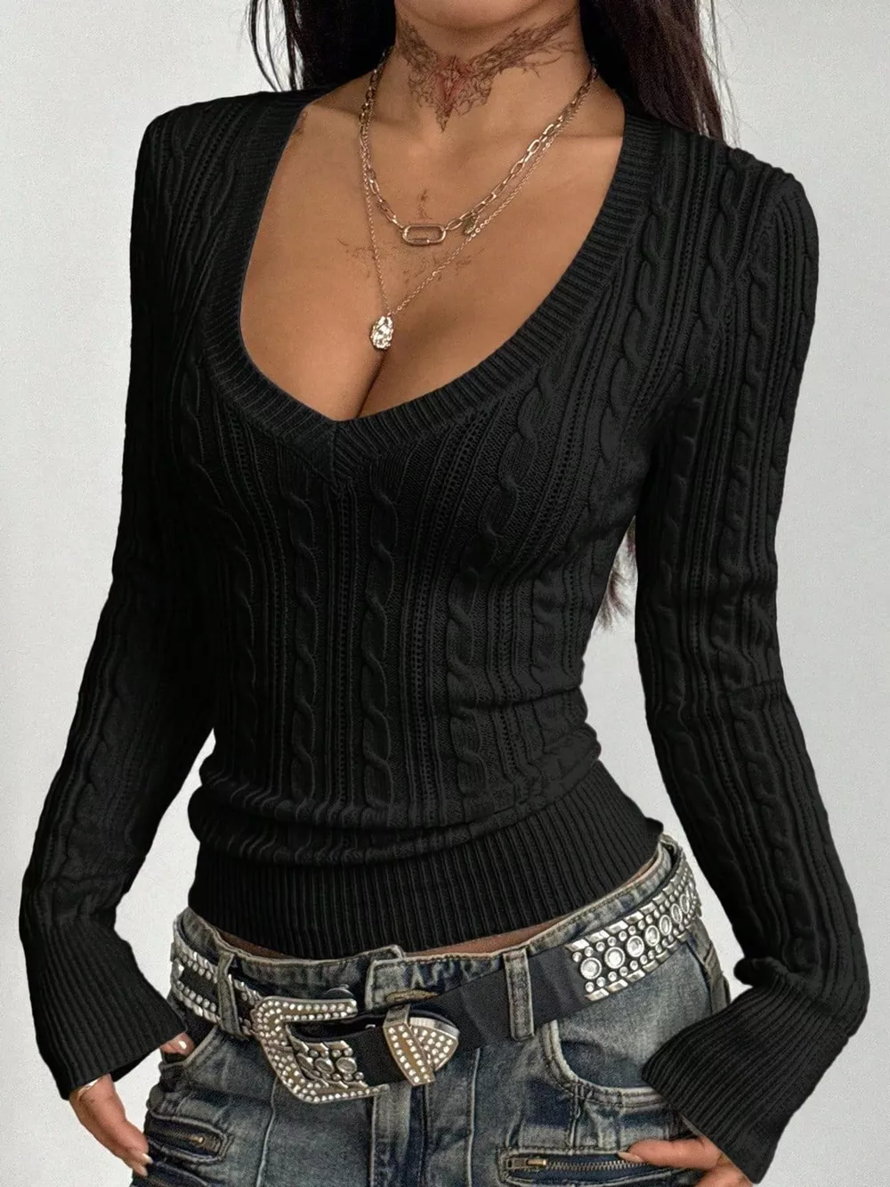Slim-Fit Deep V-Neck Cable Knit Sweater, image 12