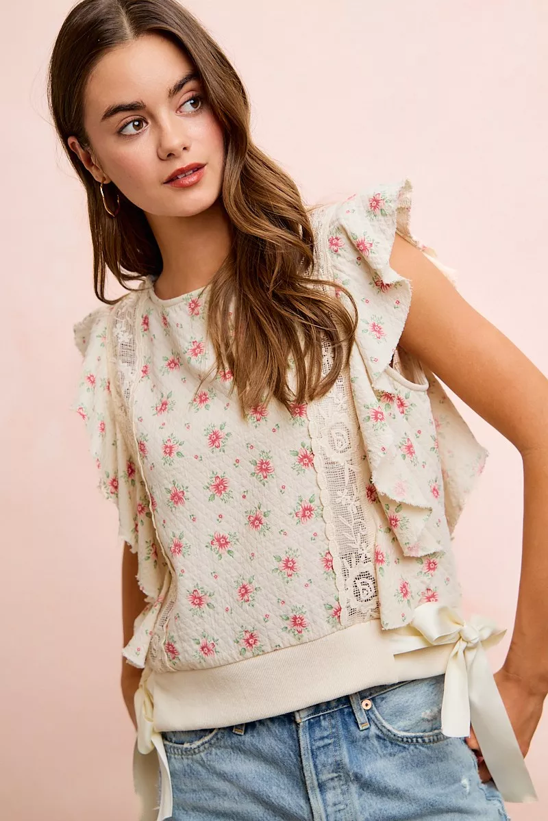 BiBi Flower Printed Ruffle Sleeve Trim Detail Top, image 44