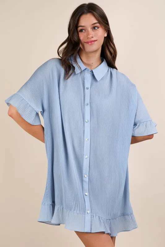 Pleated Detail Button Down Mini Dress