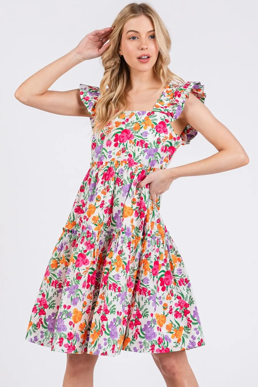 Flower Print Ruffle Shoulder A-line Mini Dress, image 3