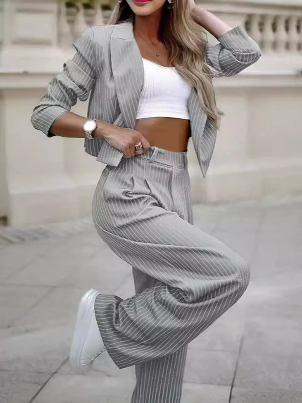 Striped Cropped Blazer and Wide-Leg Pants Two-Piece Set, image 2